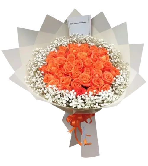 brianna-buket-bunga-dari-athaya-dengan-rangkaian-tiga-puluh-bunga-mawar-orange-dan-wrapping-berwarna-putih-selaras-dengan-tema-yang-dipesan