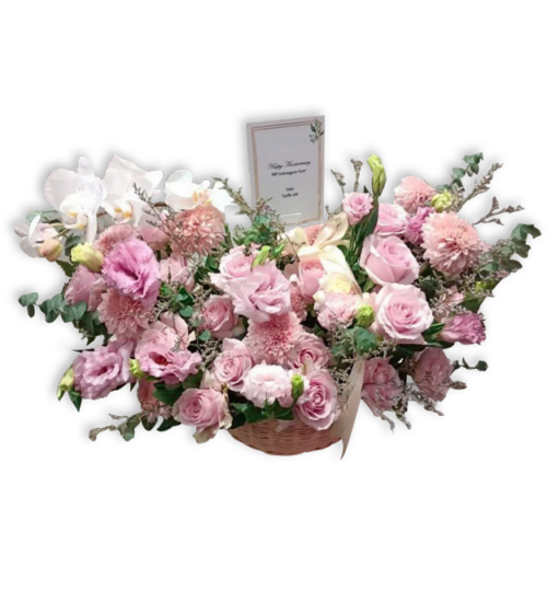 michelle-bunga-meja-dari-athaya-dengan-rangkaian-bunga-mawar-krisan salju-baby-rose-dan-anggrek-bulan