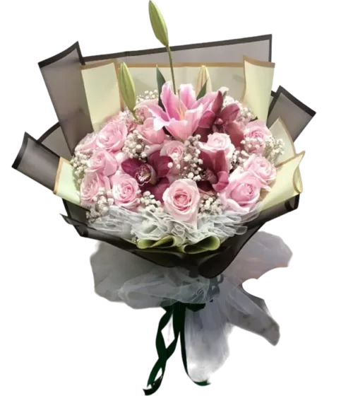 belinda-buket-bunga-dari-athaya-dengan-rangkaian-bunga-mawar-pink-anggrek-cymbidium-lily-dan-baby-breath