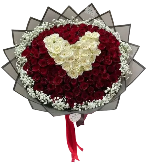 brynnlee-buket-bunga-100-Mawar-dari-athaya-dengan-rangkaian-bunga-mawar-merah-mawar-putih-dan-baby-breath-indah-dan-segar