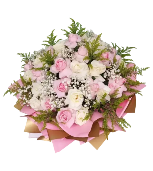 miranda-bunga-meja-dari-athaya-dengan-rangkaian-mawar-putih-mawar-pink-dan-baby-breath