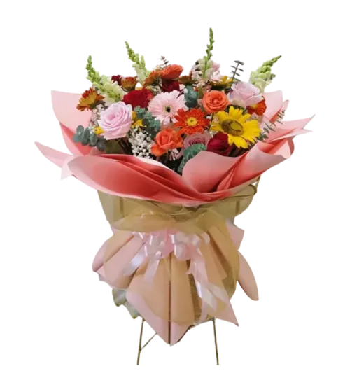 tomoko-standing-flower-dari-athaya-dengan-rangkaian-bunga-mawar-matahari-daisy--garbera-baby-breath-silver-dolar-dan-sedap-malam
